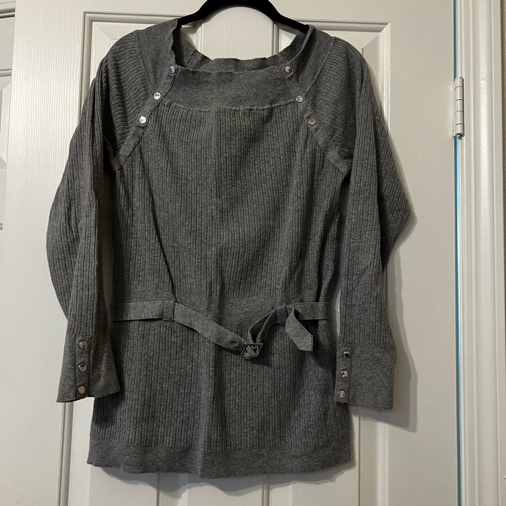 WHBM gorgeous grey sweater with belt tie and silver detailing